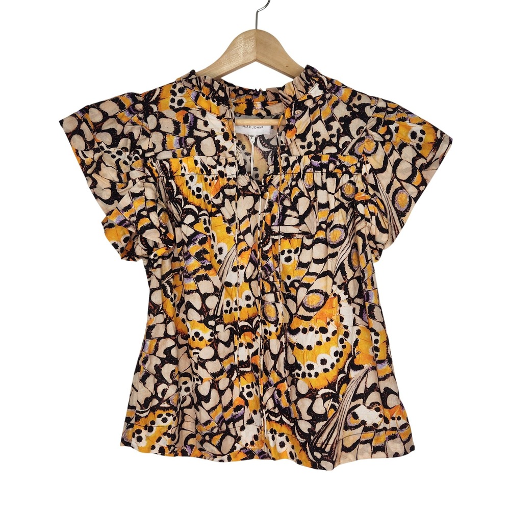 Dear John NWT Siena Top Butterfly Print Flutter Sleeve Ruffle Neck Blouse S‎